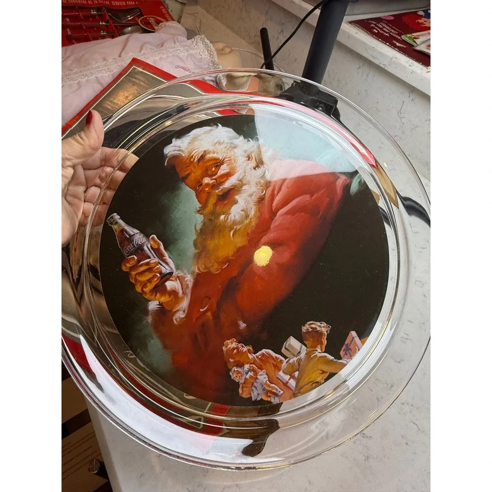Coca-Cola Santa Claus Glass Serving Platter‎ 13 Inch Vintage Holiday 1954 Art